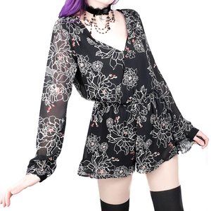 ASTR | sheer black floral romper ruffles | M